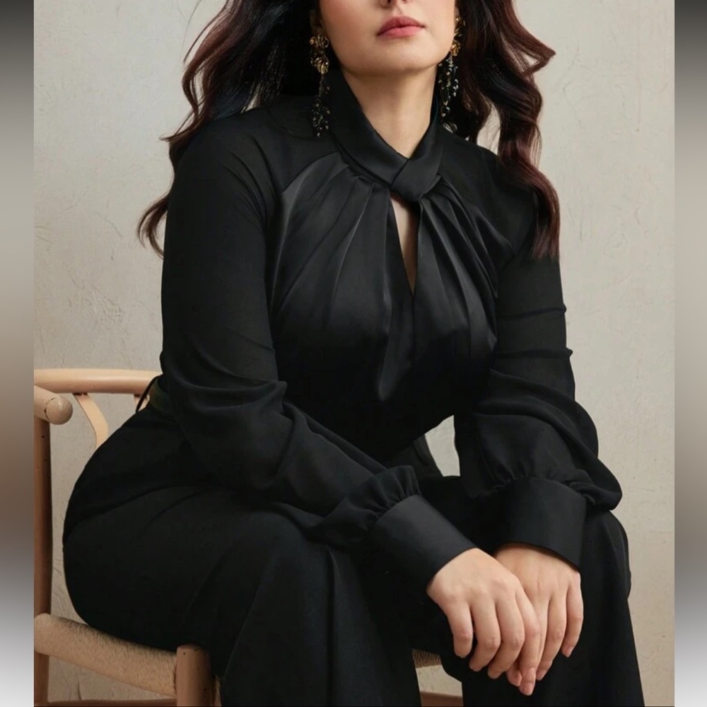 Elegant Black Long Sleeve Mock Twisted Neck Women Top Blouse Shirt